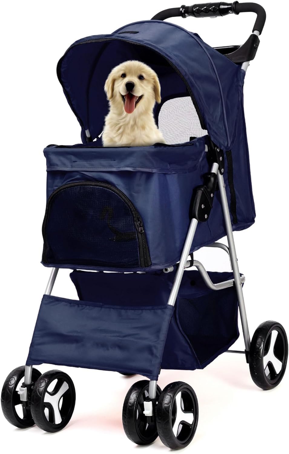 Foldable Pet Stroller with Rain Cover – Compact Dog & Cat Pram, Storage Basket & Cup Holder (Navy)