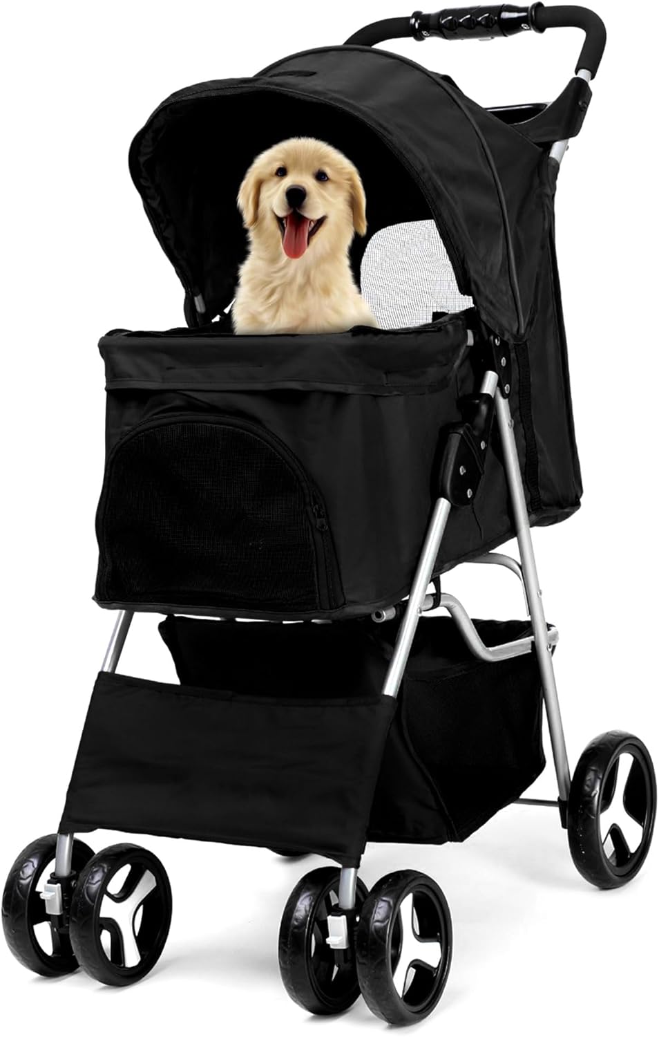 Foldable Pet Stroller with Rain Cover – Compact Dog & Cat Pram, Storage Basket & Cup Holder (Black)