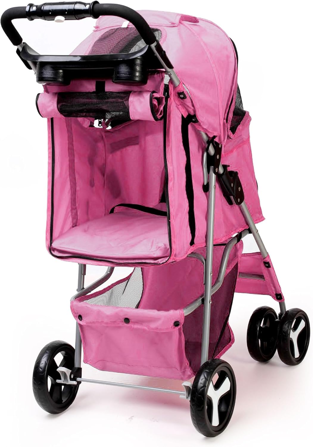 Foldable Pet Stroller with Rain Cover – Compact Dog & Cat Pram, Storage Basket & Cup Holder (Pink)