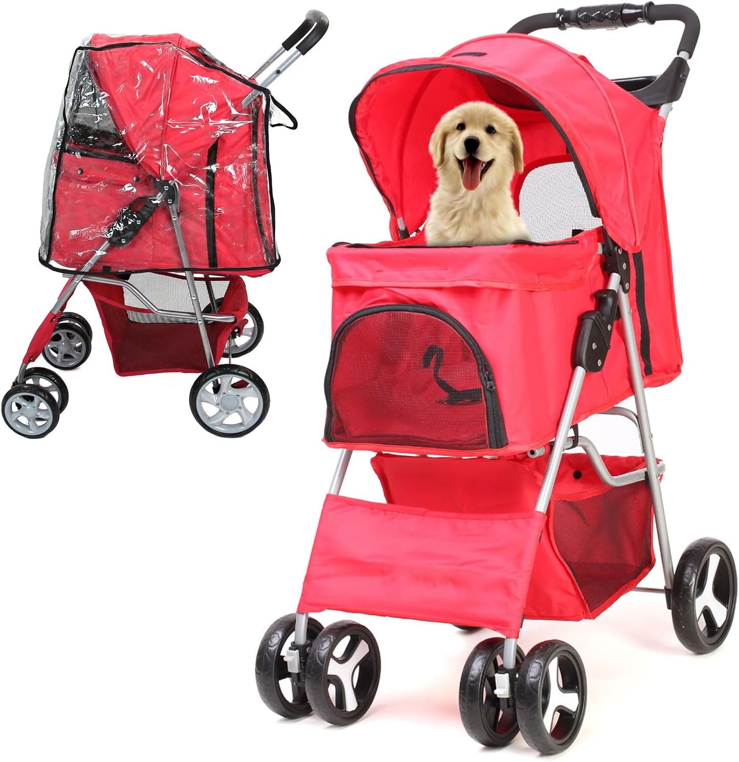 Foldable Pet Stroller with Rain Cover – Compact Dog & Cat Pram, Storage Basket & Cup Holder (Red)