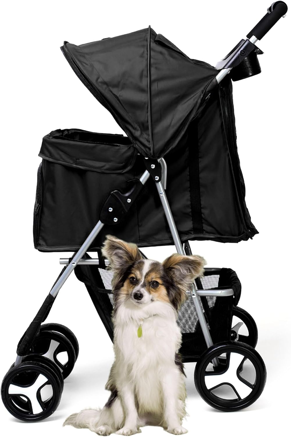 Foldable Pet Stroller with Rain Cover – Compact Dog & Cat Pram, Storage Basket & Cup Holder (Black)