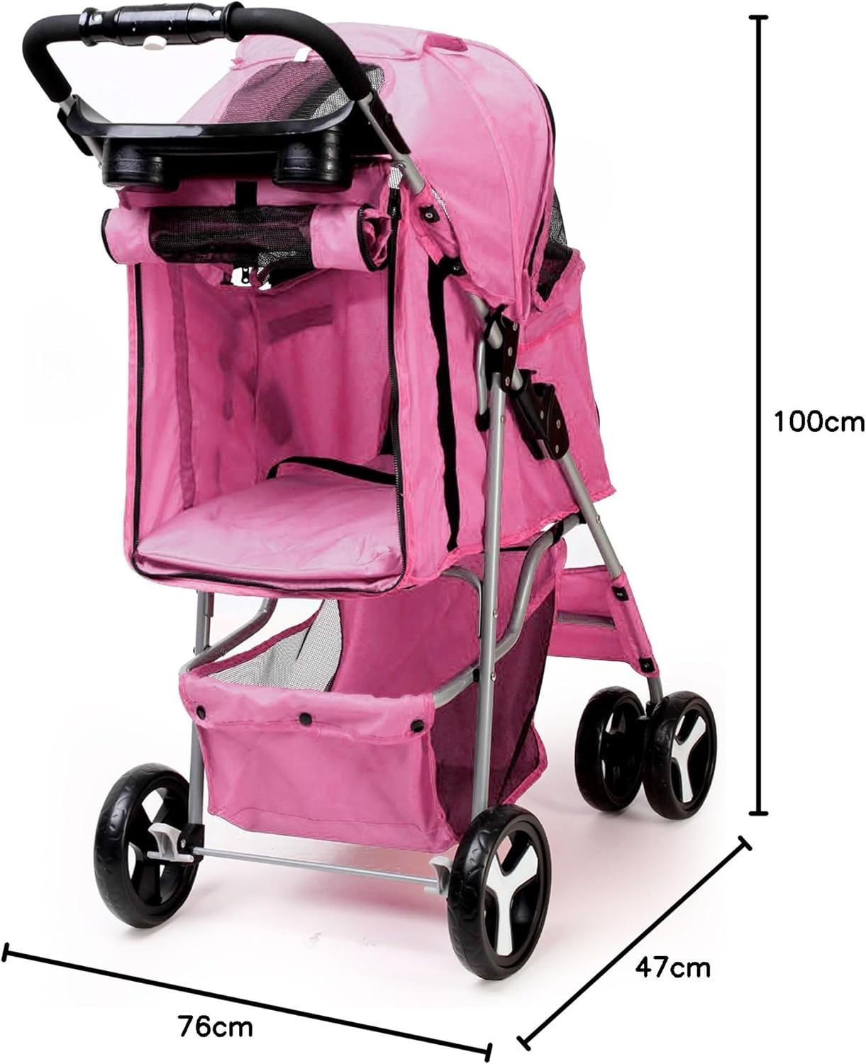 Foldable Pet Stroller with Rain Cover – Compact Dog & Cat Pram, Storage Basket & Cup Holder (Pink)