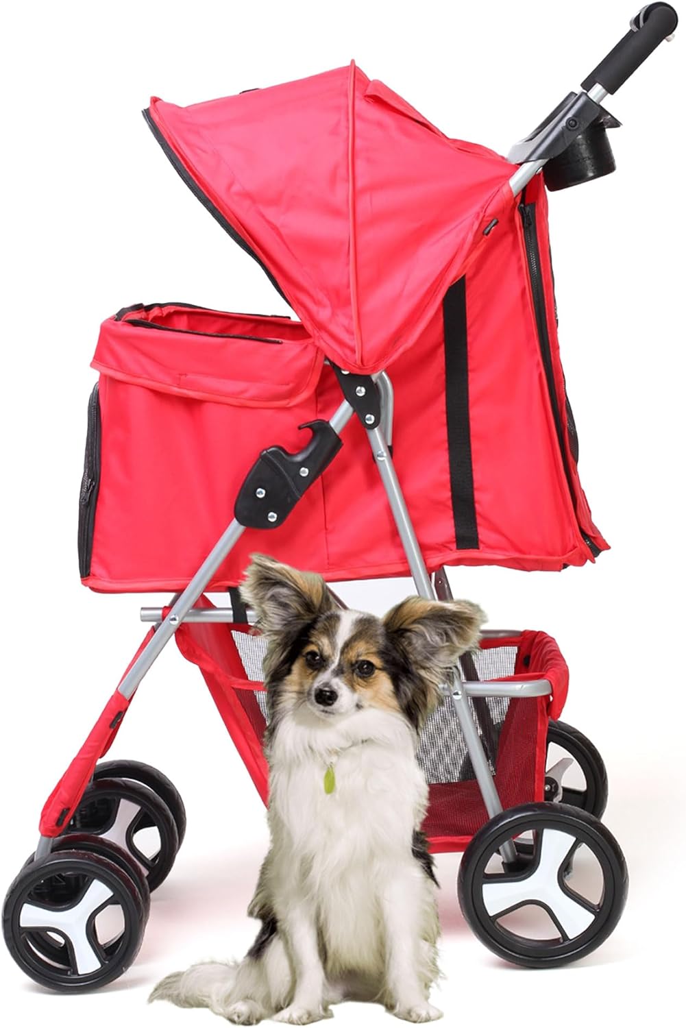 Foldable Pet Stroller with Rain Cover – Compact Dog & Cat Pram, Storage Basket & Cup Holder (Red)