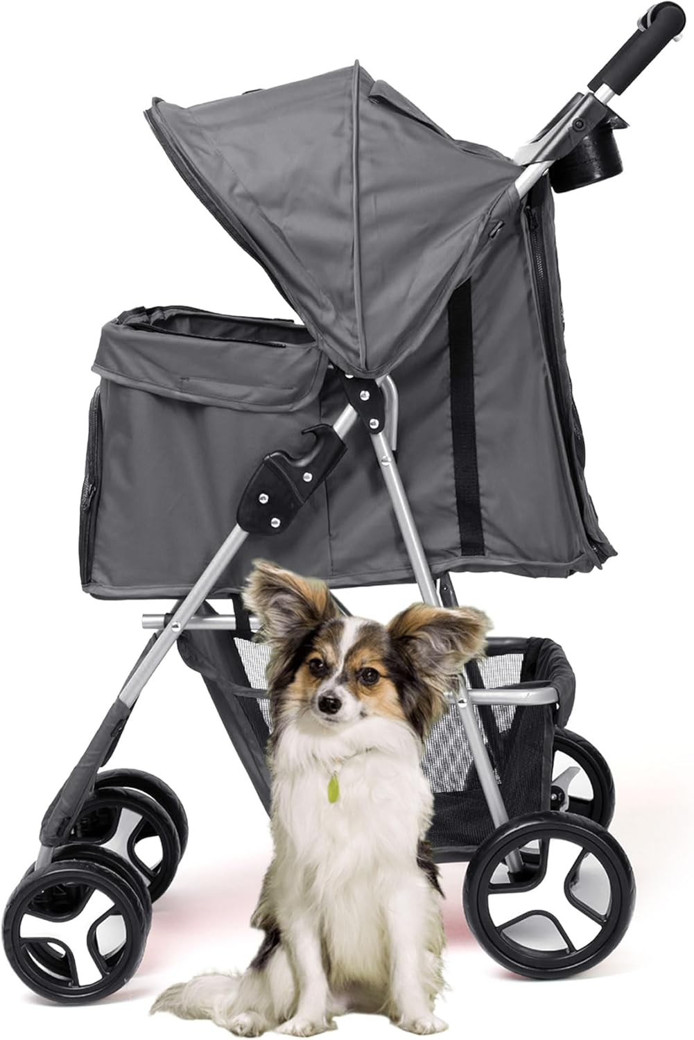 Foldable Pet Stroller with Rain Cover – Compact Dog & Cat Pram, Storage Basket & Cup Holder (Grey)