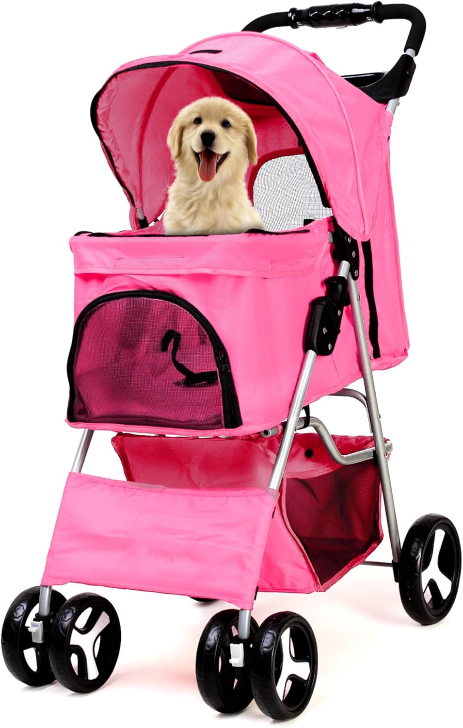 Foldable Pet Stroller with Rain Cover – Compact Dog & Cat Pram, Storage Basket & Cup Holder (Pink)