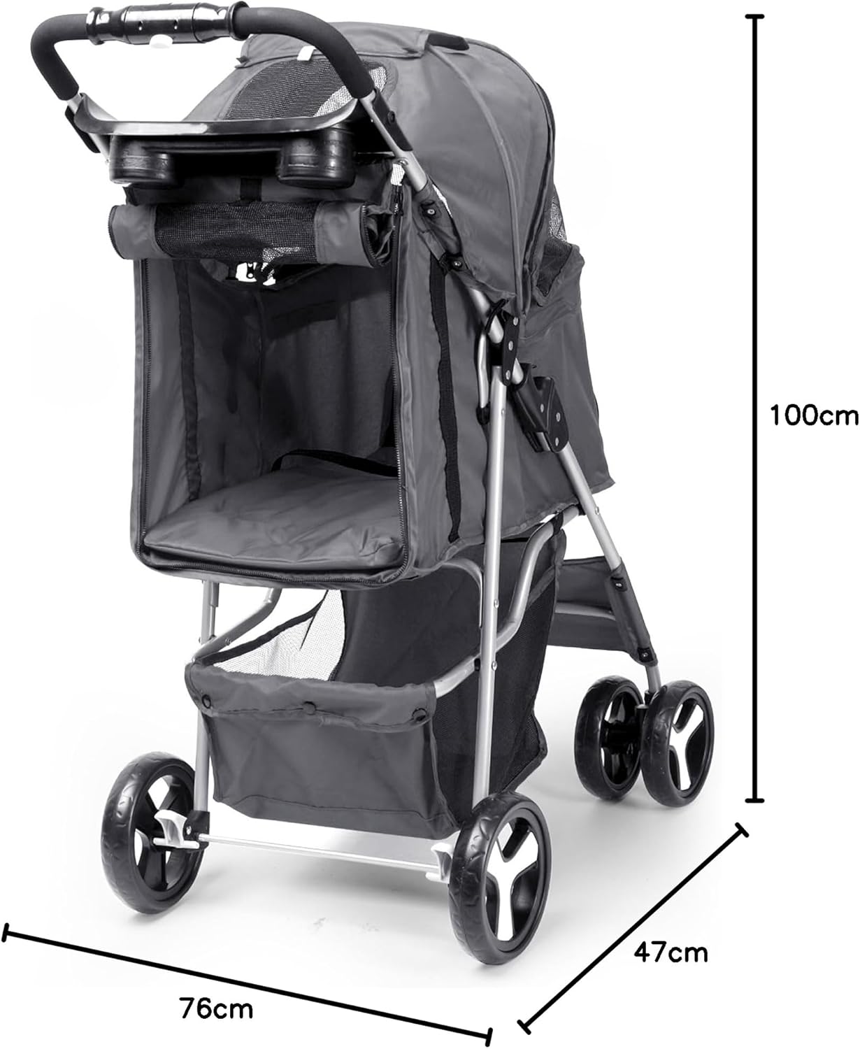 Foldable Pet Stroller with Rain Cover – Compact Dog & Cat Pram, Storage Basket & Cup Holder (Grey)