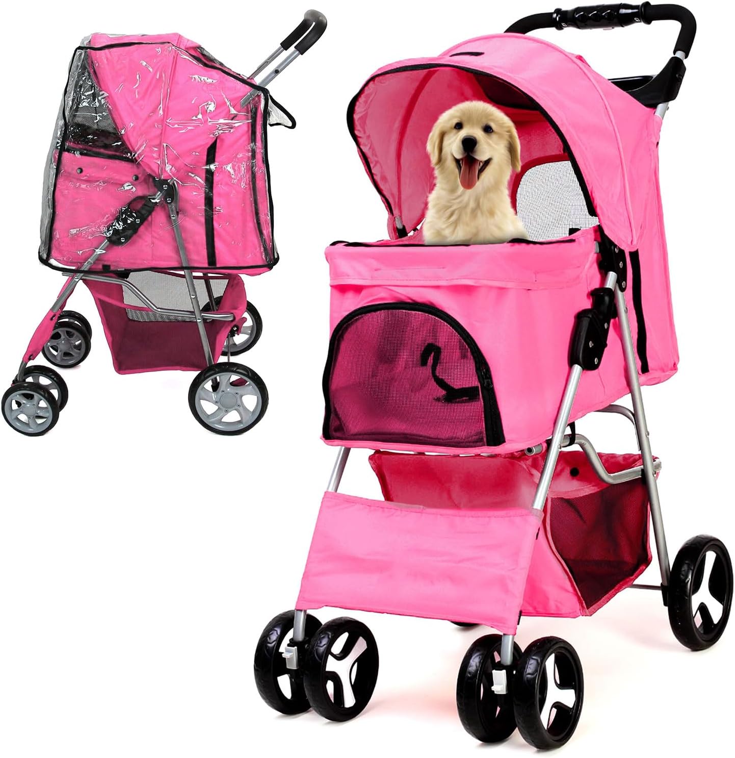 Foldable Pet Stroller with Rain Cover – Compact Dog & Cat Pram, Storage Basket & Cup Holder (Pink)