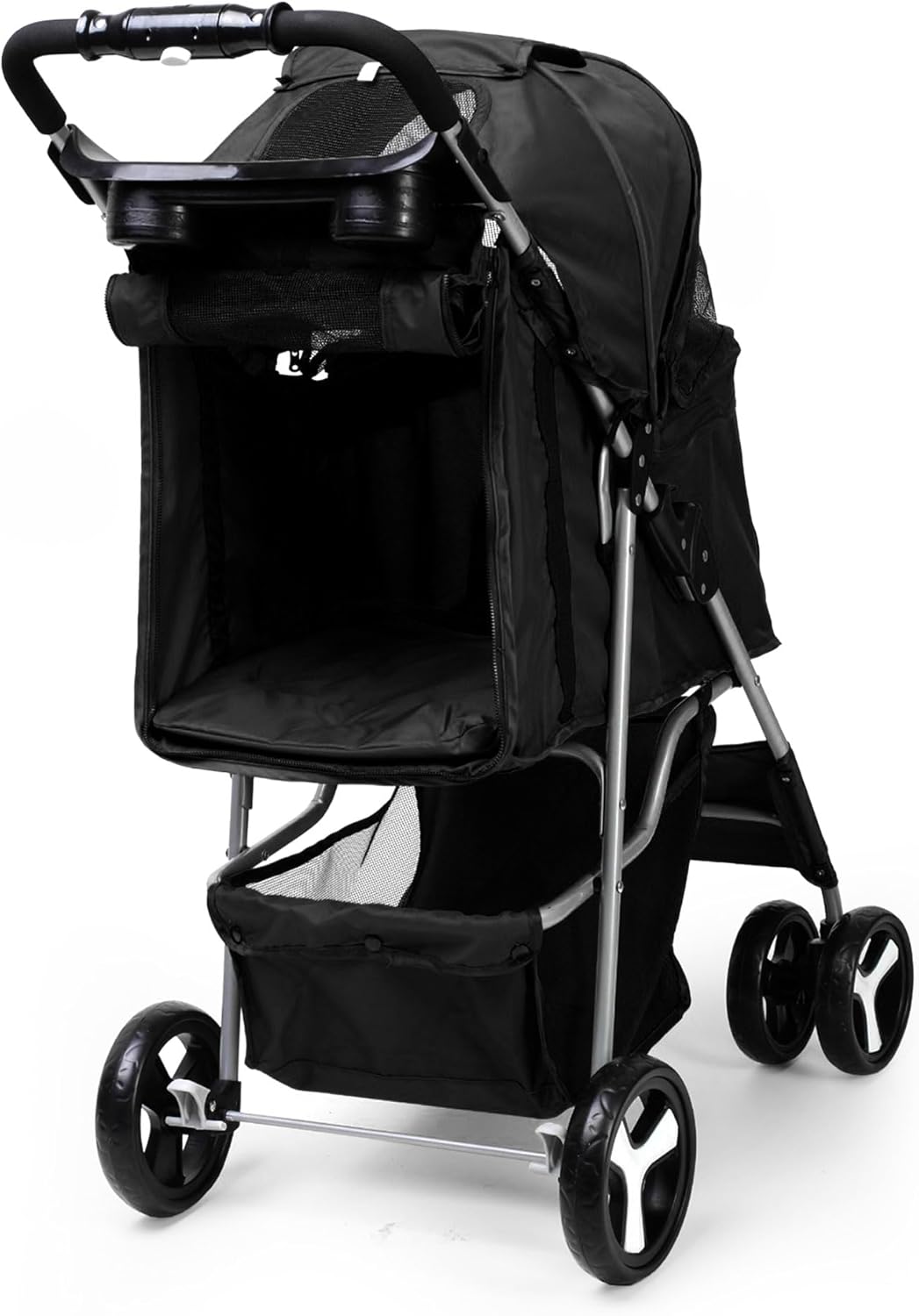 Foldable Pet Stroller with Rain Cover – Compact Dog & Cat Pram, Storage Basket & Cup Holder (Black)