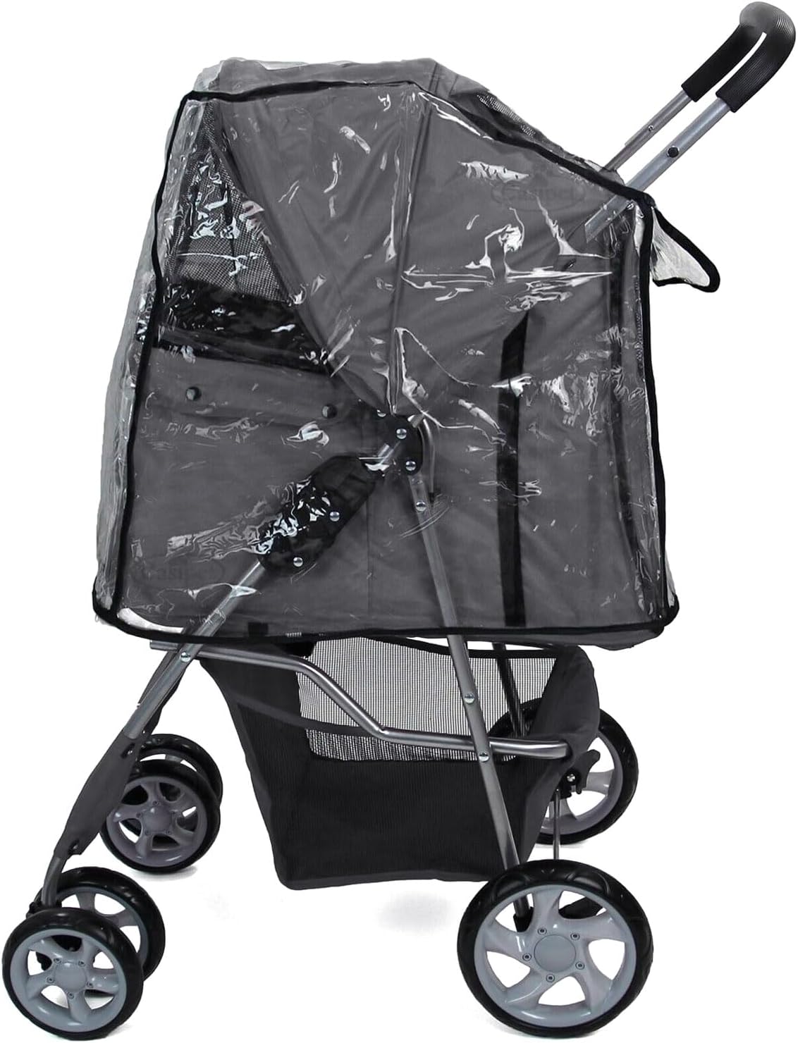 Foldable Pet Stroller with Rain Cover – Compact Dog & Cat Pram, Storage Basket & Cup Holder (Grey)