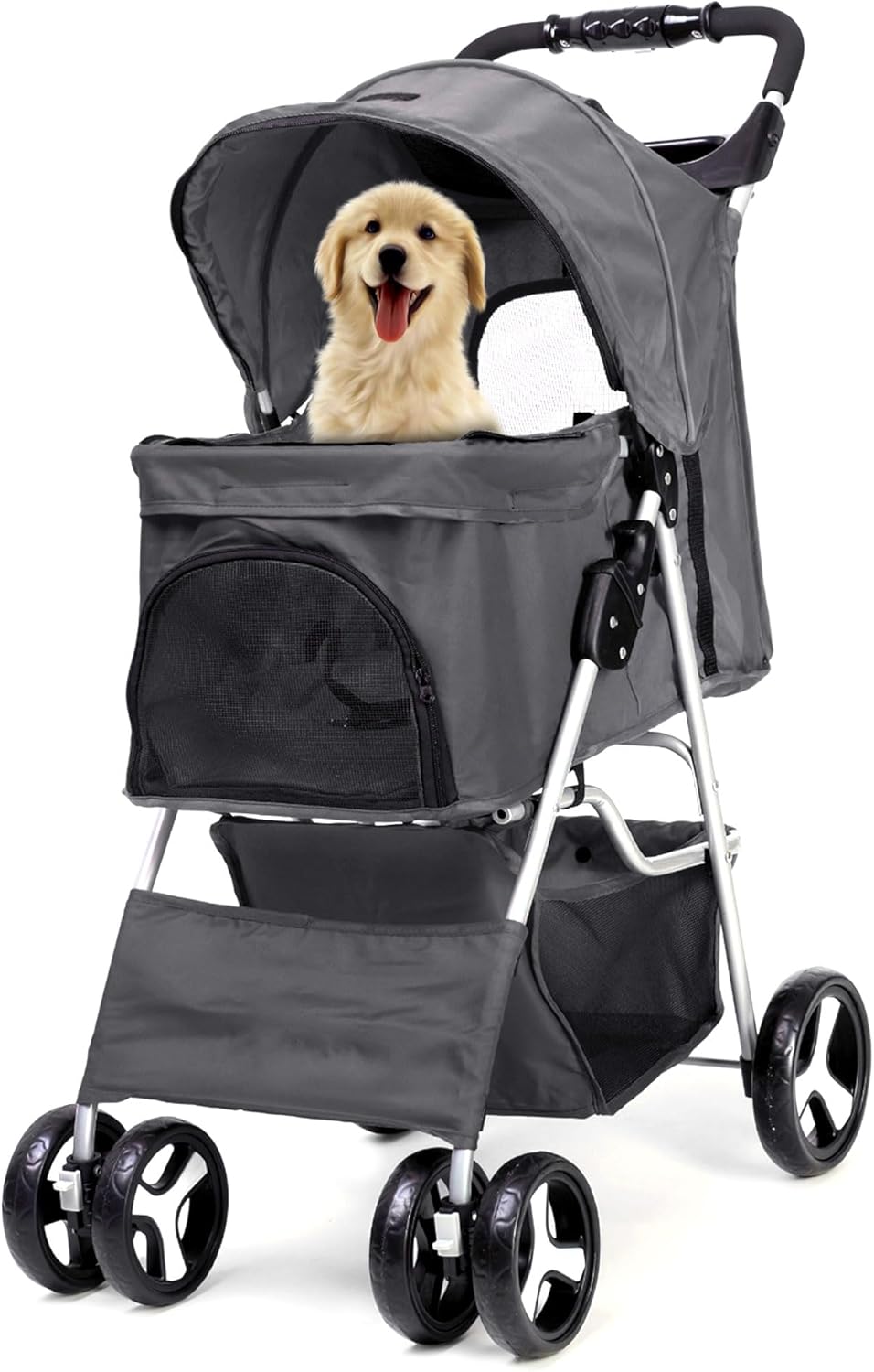Foldable Pet Stroller with Rain Cover – Compact Dog & Cat Pram, Storage Basket & Cup Holder (Grey)