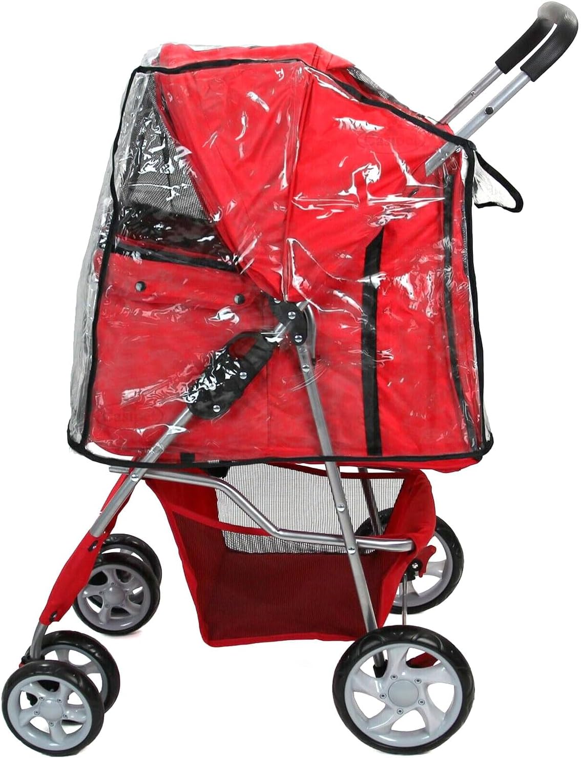 Foldable Pet Stroller with Rain Cover – Compact Dog & Cat Pram, Storage Basket & Cup Holder (Red)