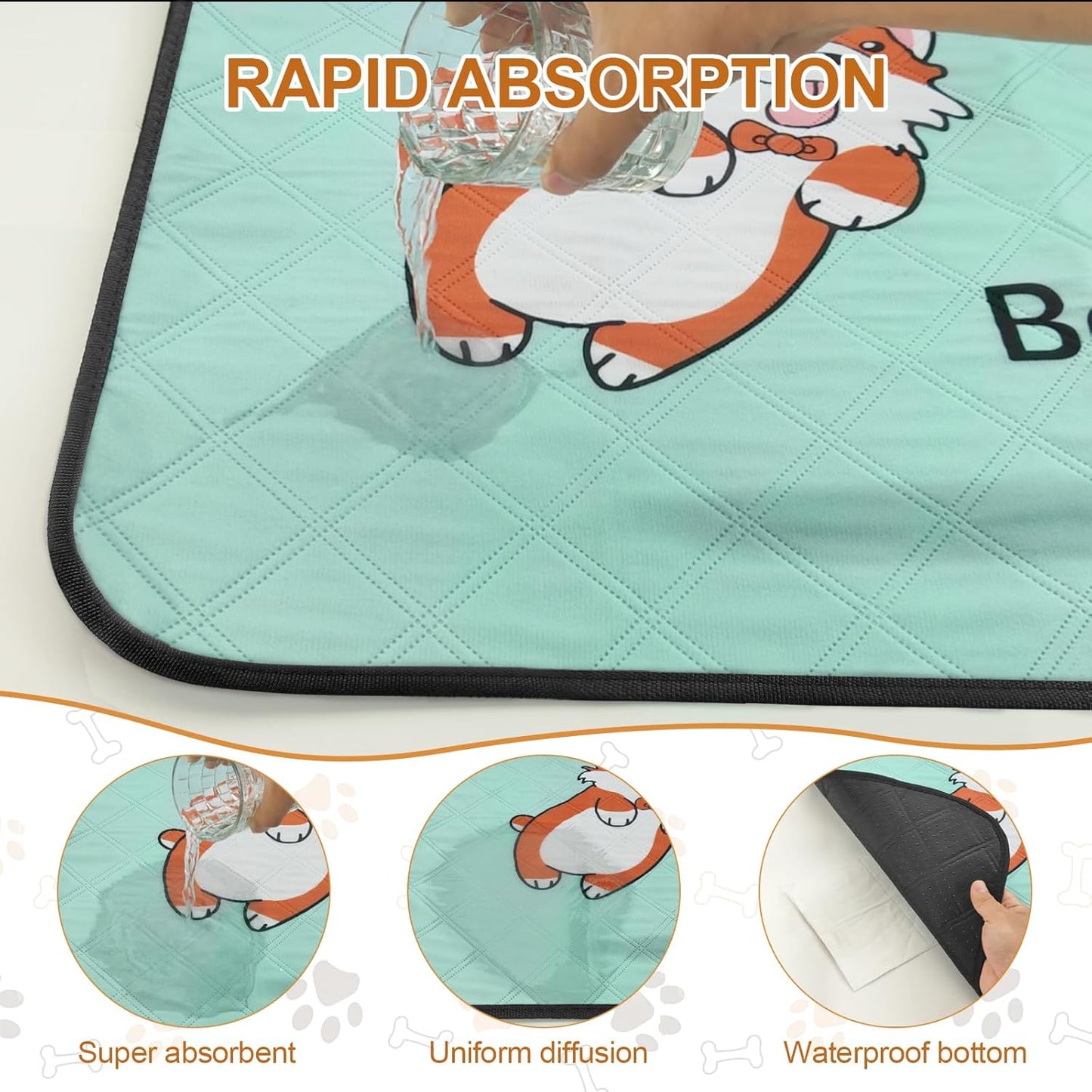 4-Pack Washable Dog Pee Pads (35x22in) – Reusable, Leak-Resistant Puppy Training Mats with Non-Slip Base (Blue)