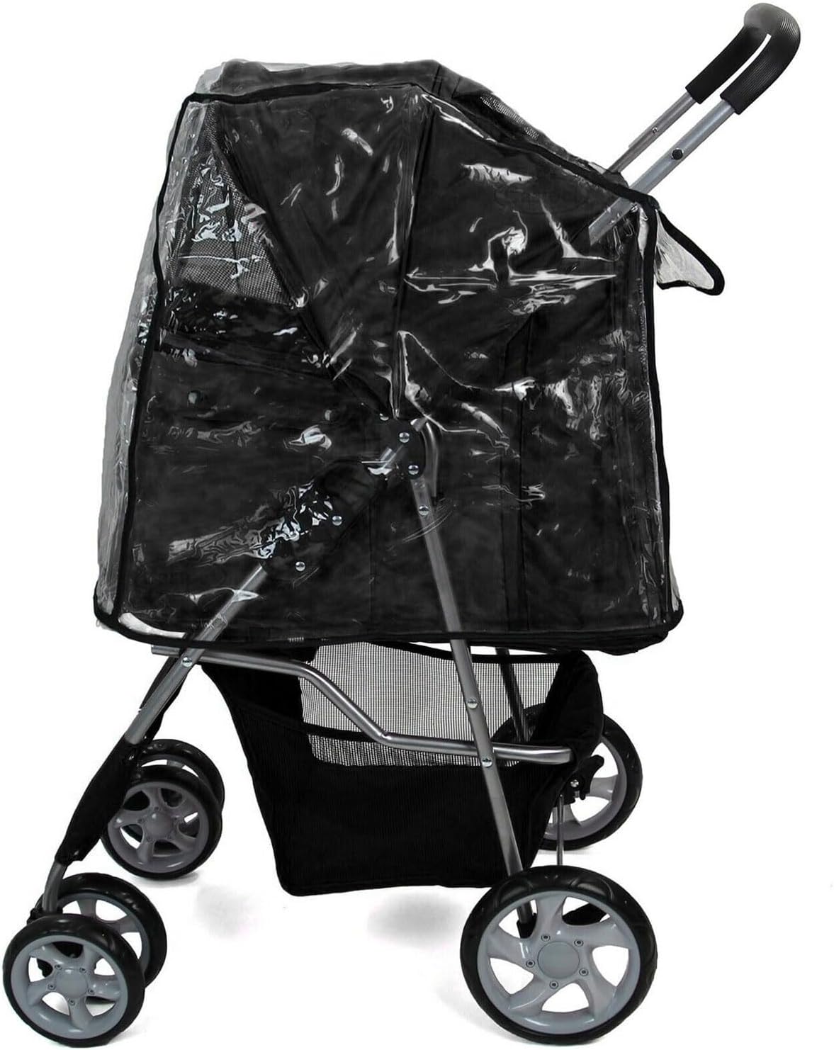 Foldable Pet Stroller with Rain Cover – Compact Dog & Cat Pram, Storage Basket & Cup Holder (Black)