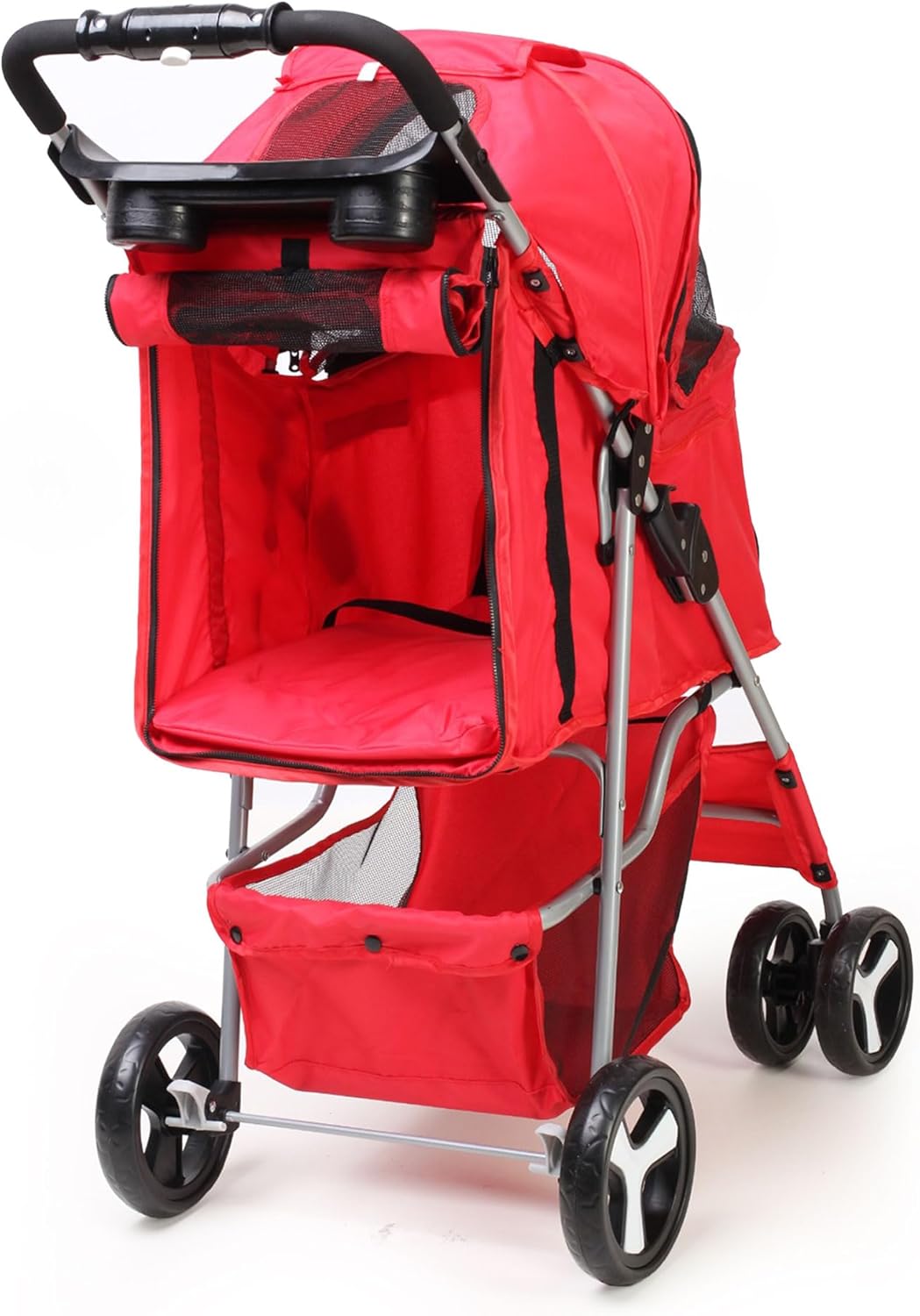Foldable Pet Stroller with Rain Cover – Compact Dog & Cat Pram, Storage Basket & Cup Holder (Red)