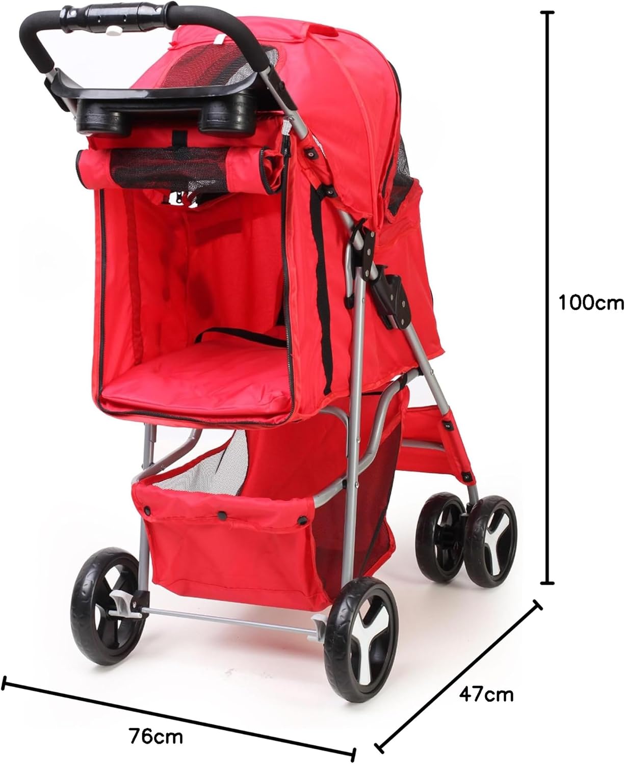 Foldable Pet Stroller with Rain Cover – Compact Dog & Cat Pram, Storage Basket & Cup Holder (Red)