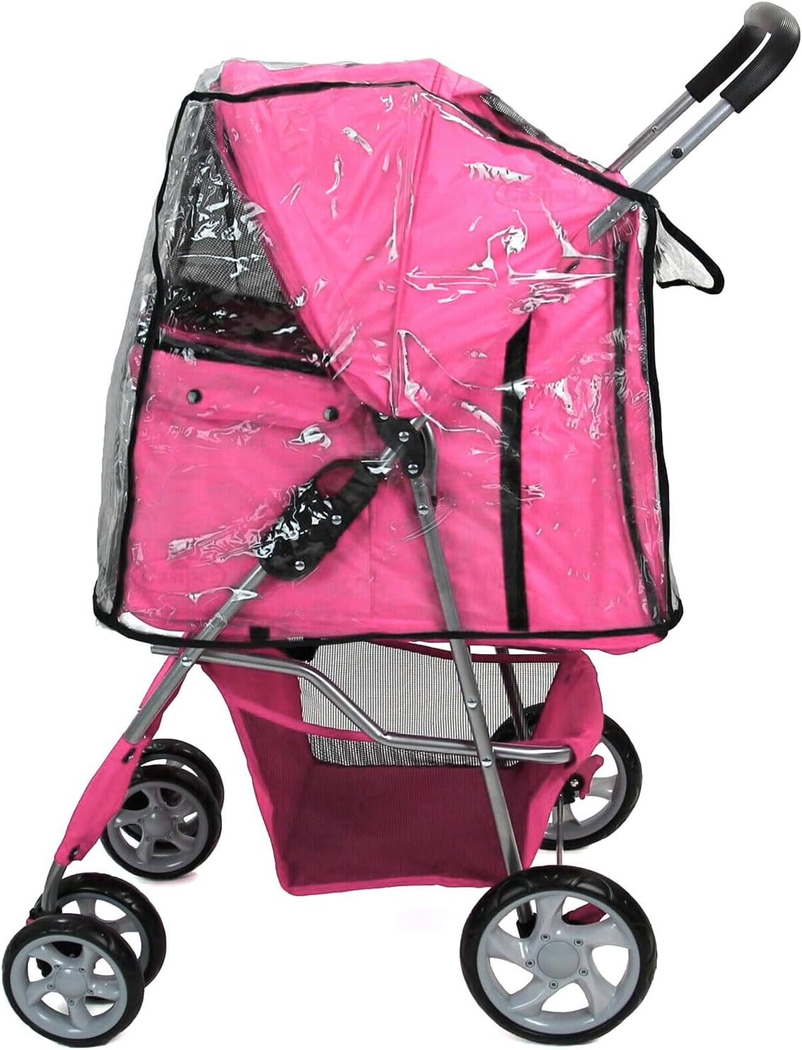 Foldable Pet Stroller with Rain Cover – Compact Dog & Cat Pram, Storage Basket & Cup Holder (Pink)