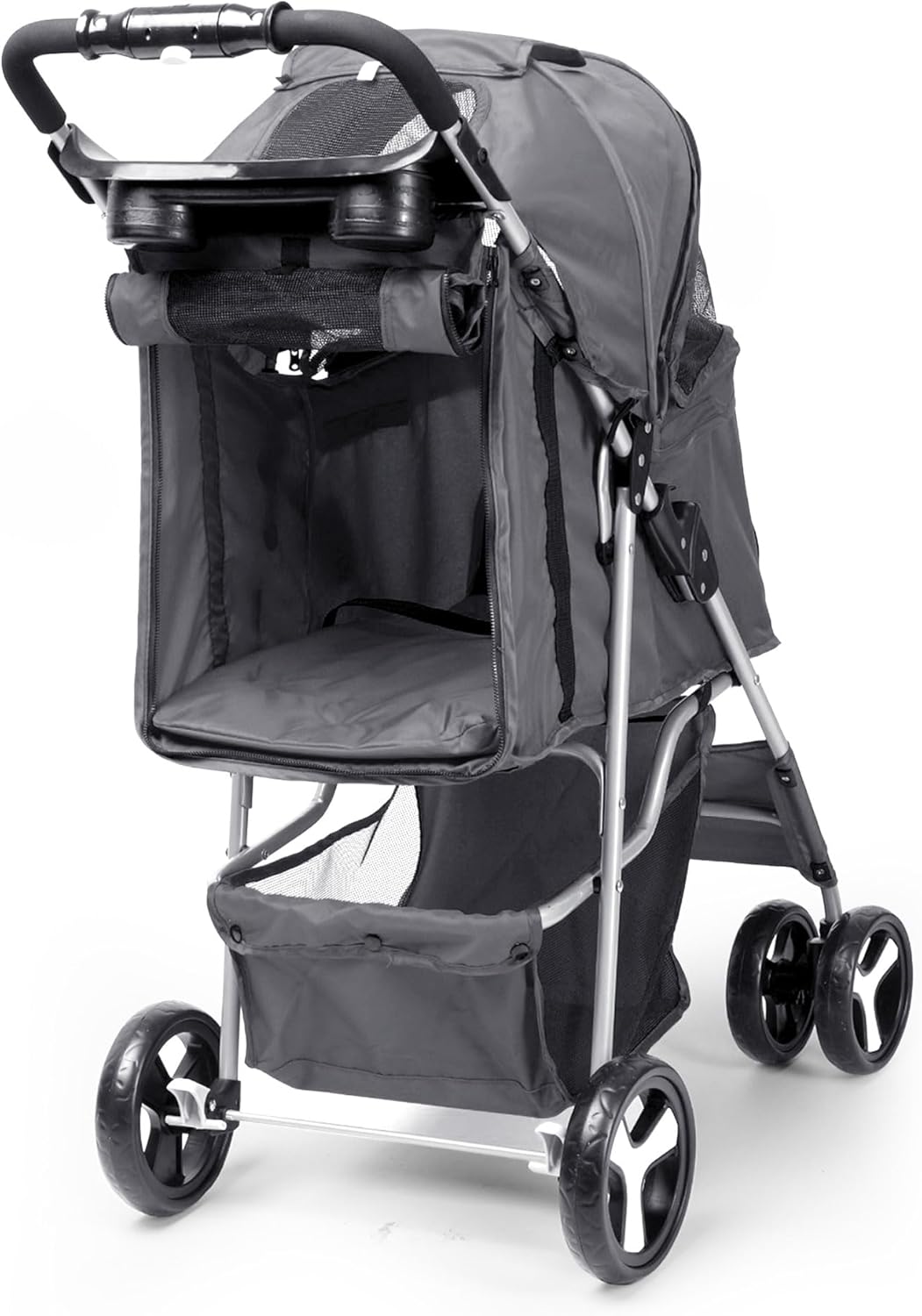 Foldable Pet Stroller with Rain Cover – Compact Dog & Cat Pram, Storage Basket & Cup Holder (Grey)