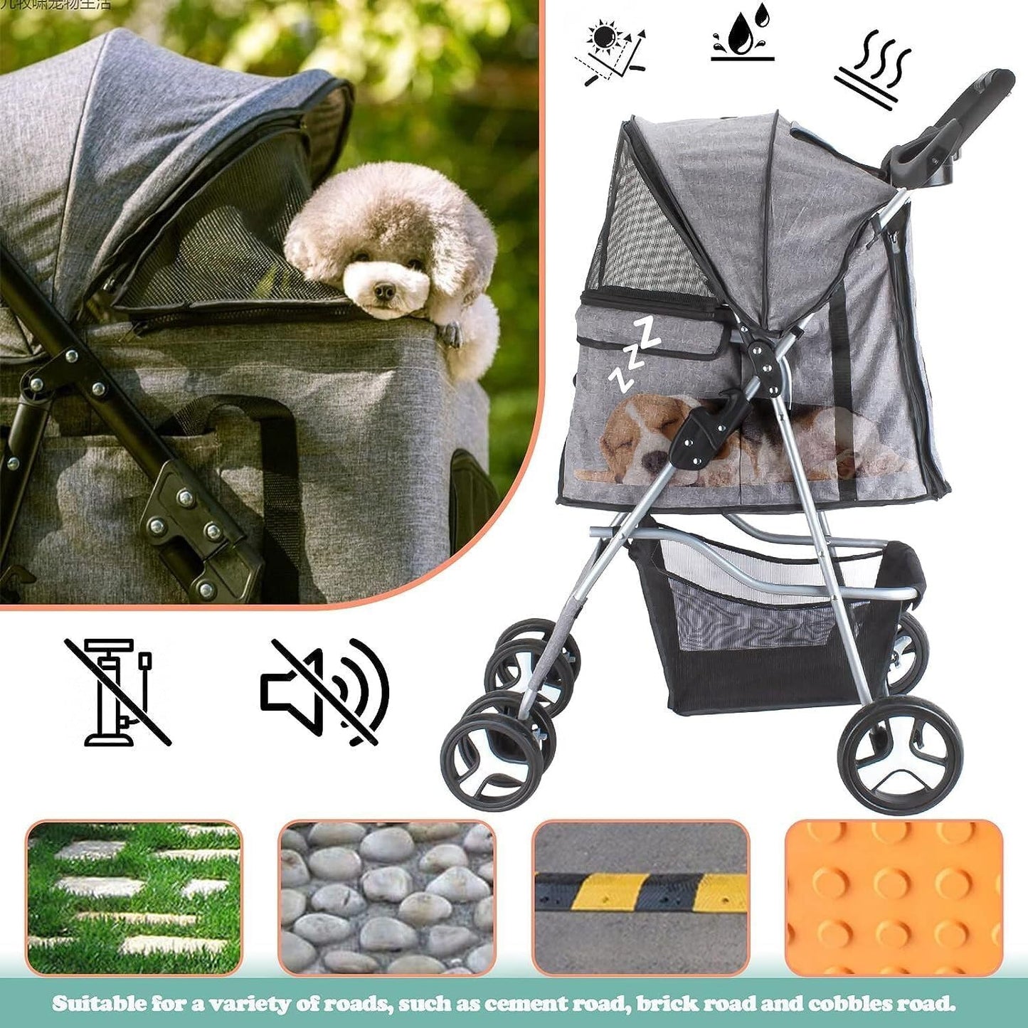 Foldable Pet Stroller with Rain Cover – Compact Dog & Cat Pram, Storage Basket & Cup Holder (Grey)