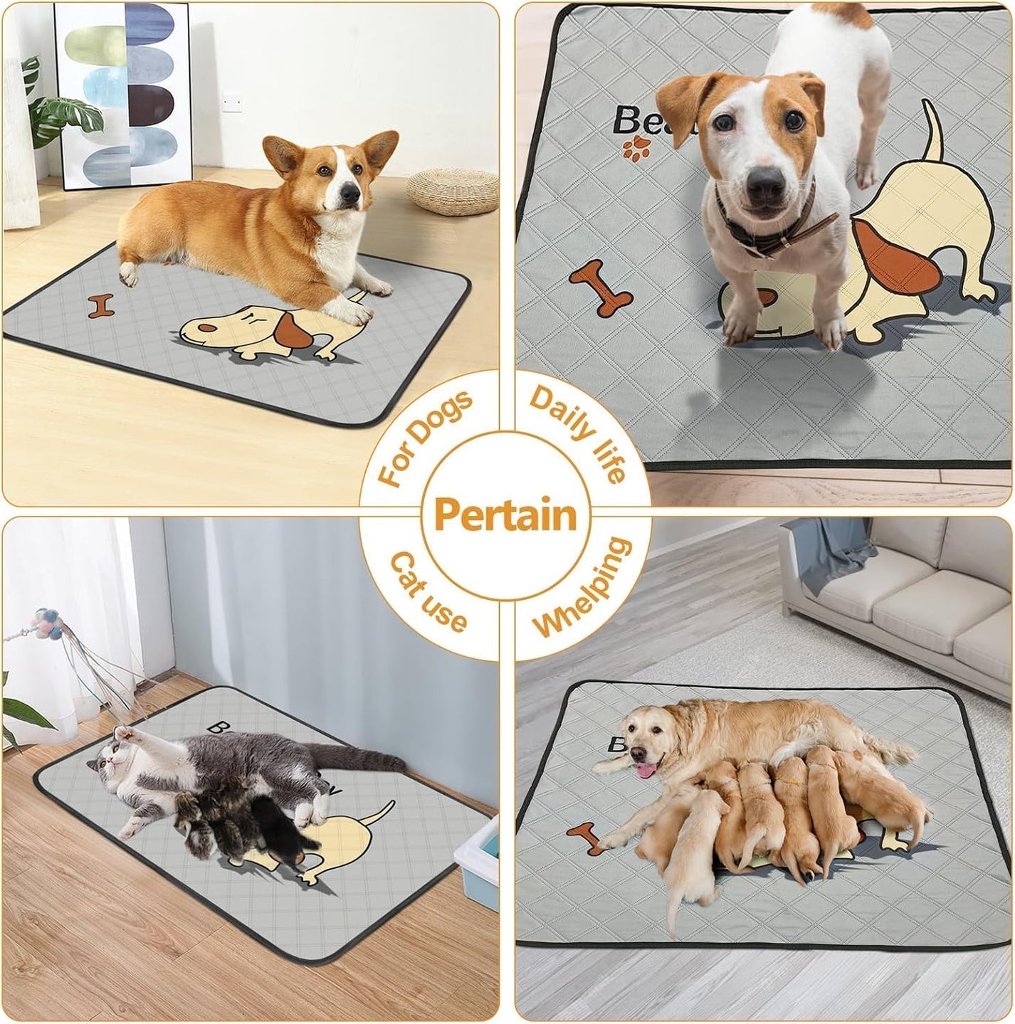 Washable Dog Pee Pads 4-Pack (47x32in) – Leak-Proof, Non-Slip Puppy Training Mats for Crates & Home (Grey)
