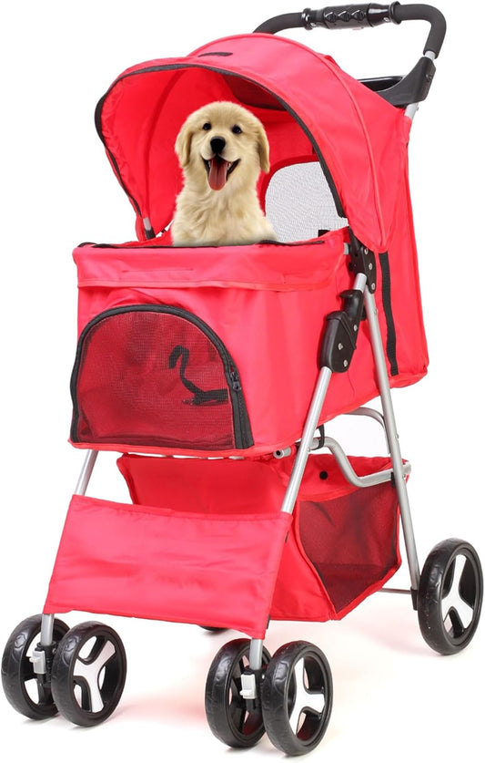 Foldable Pet Stroller with Rain Cover – Compact Dog & Cat Pram, Storage Basket & Cup Holder (Red)