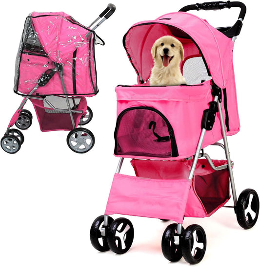 Foldable Pet Stroller with Rain Cover – Compact Dog & Cat Pram, Storage Basket & Cup Holder (Pink)