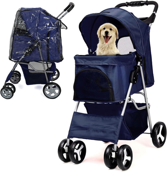 Foldable Pet Stroller with Rain Cover – Compact Dog & Cat Pram, Storage Basket & Cup Holder (Navy)