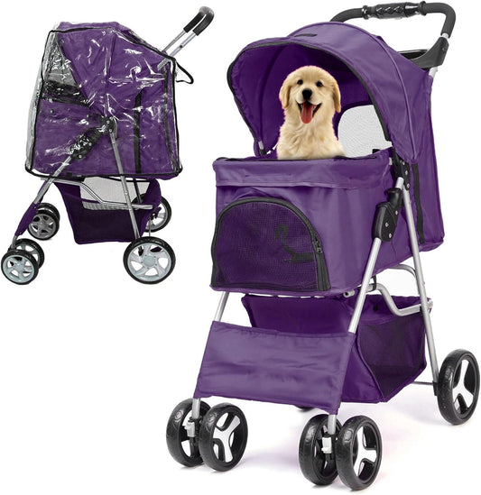 Foldable Pet Stroller with Rain Cover – Compact Dog & Cat Pram, Storage Basket & Cup Holder (Purple)