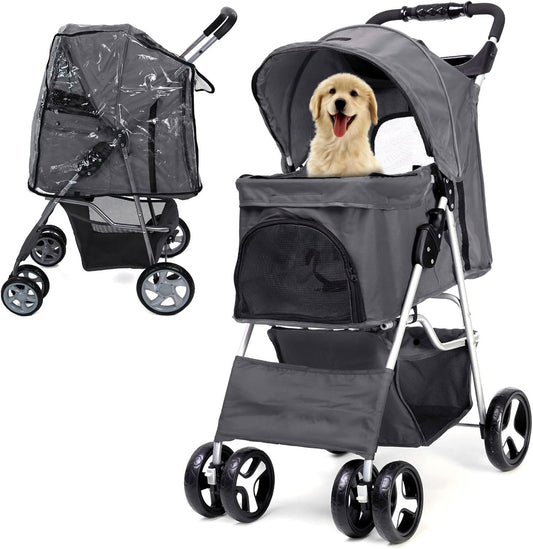 Foldable Pet Stroller with Rain Cover – Compact Dog & Cat Pram, Storage Basket & Cup Holder (Grey)