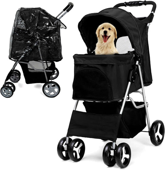 Foldable Pet Stroller with Rain Cover – Compact Dog & Cat Pram, Storage Basket & Cup Holder (Black)
