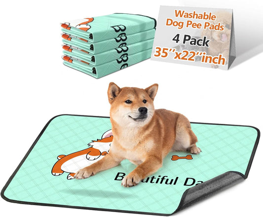 4-Pack Washable Dog Pee Pads (35x22in) – Reusable, Leak-Resistant Puppy Training Mats with Non-Slip Base (Blue)